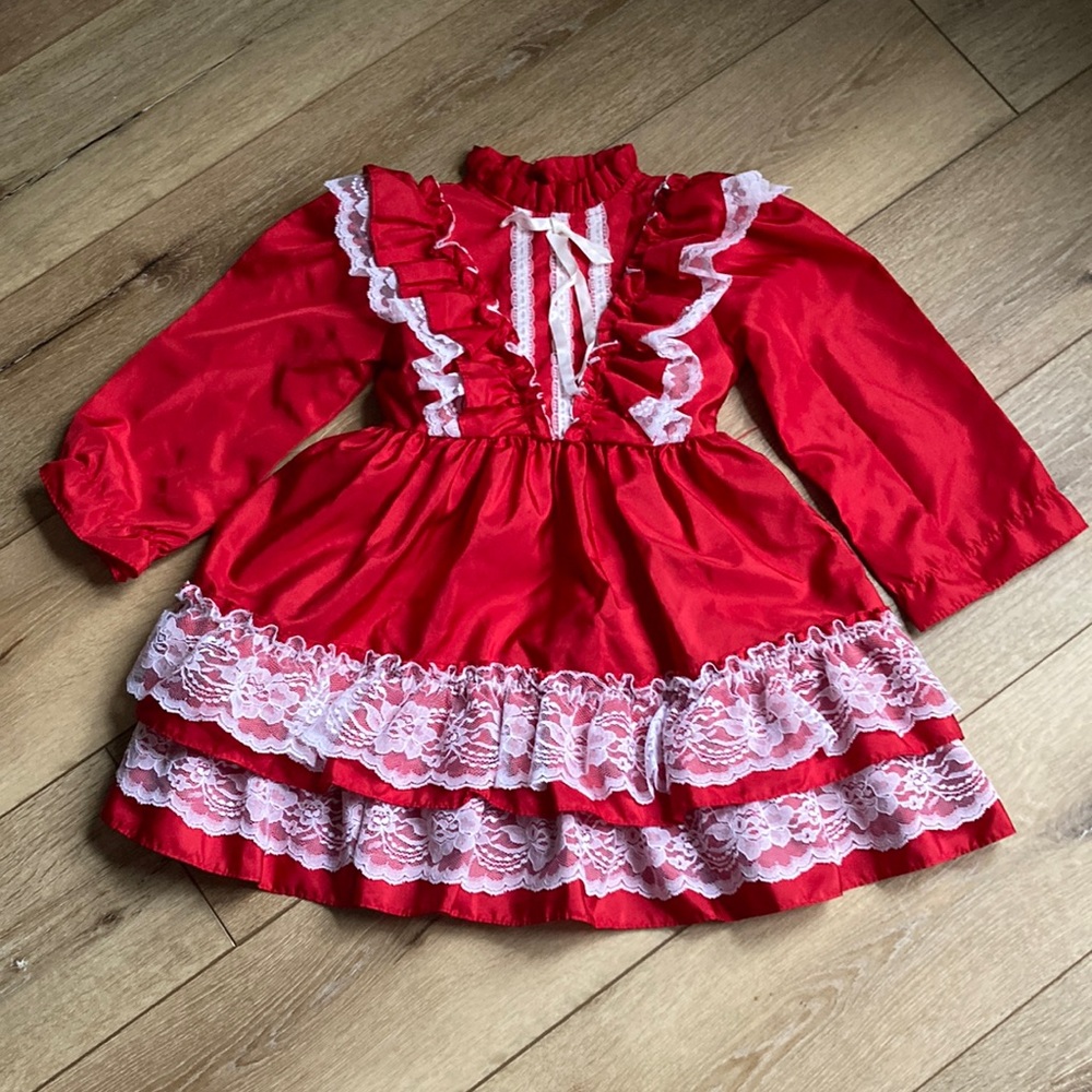 Vtg Jill Lynn Sz 5 Red Lace girls Dress Long sleeve Full Circle Part USA…